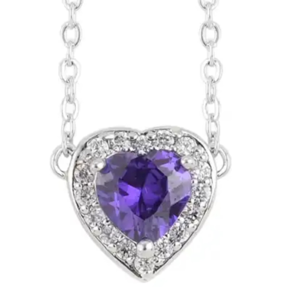 Simulated Dark Purple Diamond, Simulated Diamond Heart Halo Necklace Silver